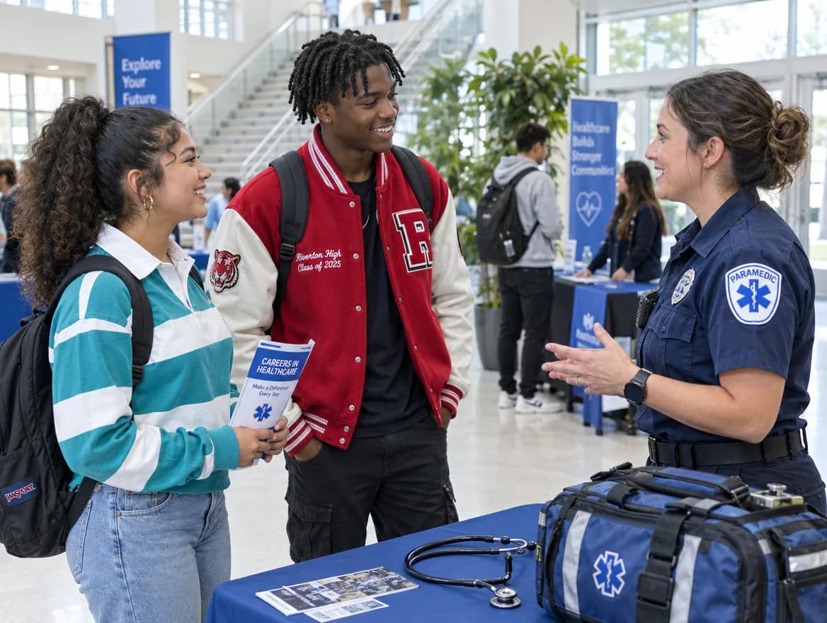 AI-generated illustration of high school students talking with a paramedic at a school career fair.