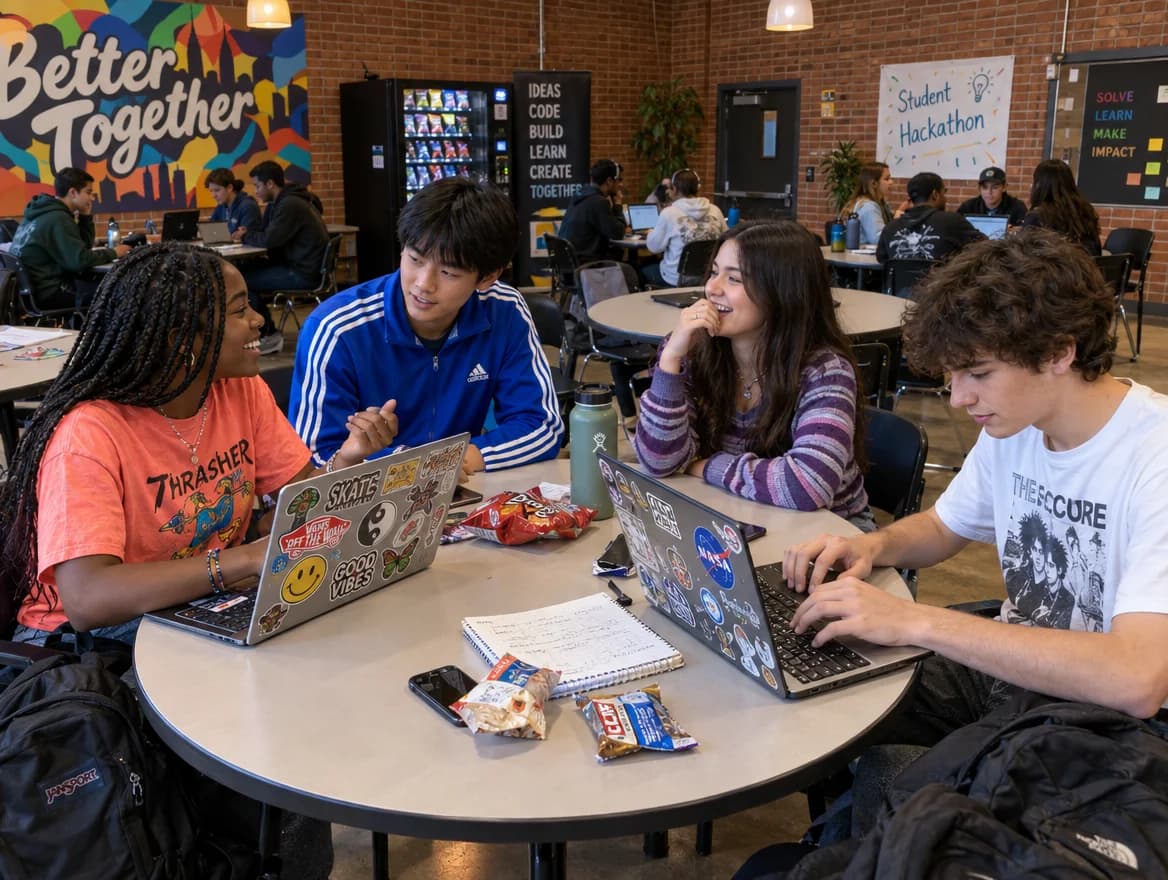 AI-generated illustration of high school students collaborating on laptops at a cafeteria hackathon.