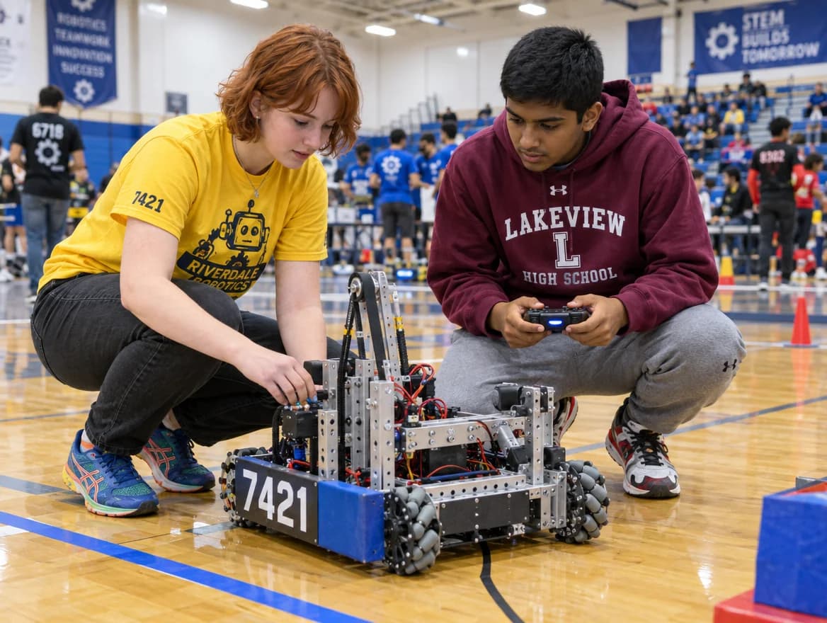 AI-generated illustration of high school students testing a wheeled robot at a gym competition.