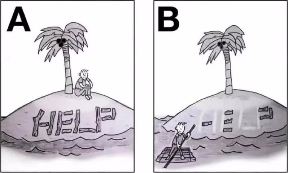 Two island castaways: A waits beside HELP written in sticks; B uses the sticks to build a raft and paddle away, demonstrating high agency.